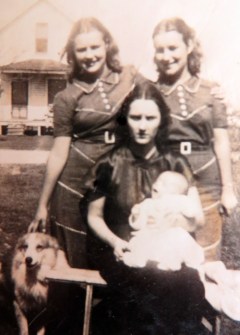 Standng, Hazel and Dorothy (twin dresses), seated Jackie with Ray. Fuzzy-the-dog
